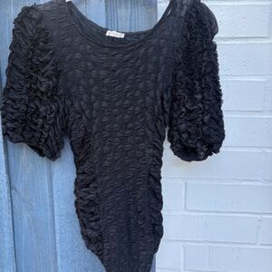 FREE PEOPLE INTIMATELY SHEER BLACK SHORT SLEEVE BODYSUIT- SMALL